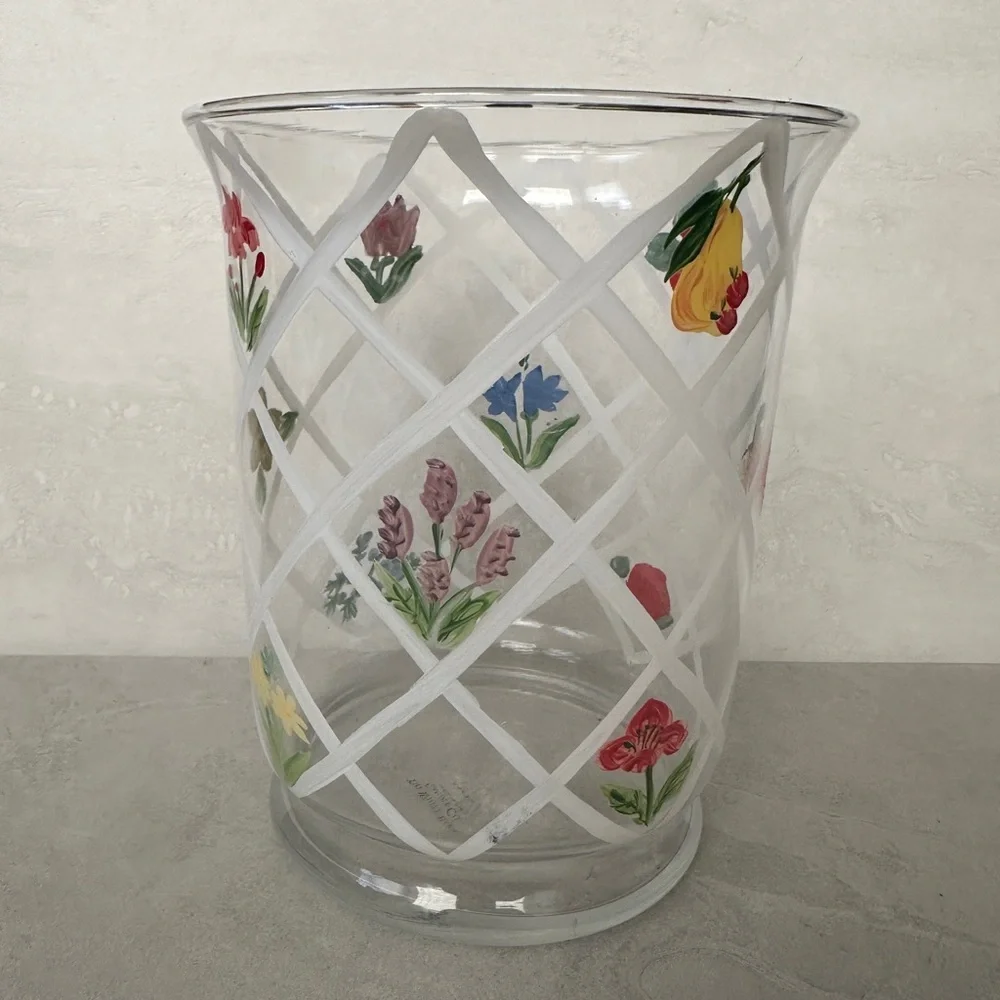 White Barn Candle Co Glass Flowers Fruit Painted Large Jar Holder 7.5” Tall New